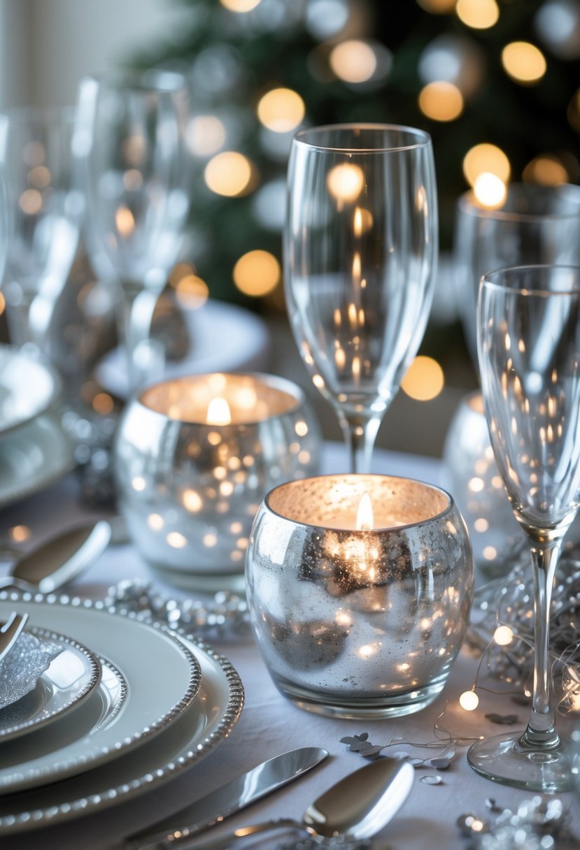 A table decorated for New Year's Eve with lit silver mercury glass candle holders and festive decorations.