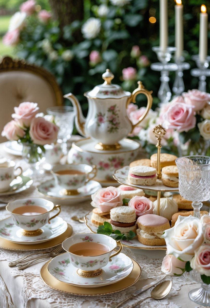 A table set with vintage tea cups, a teapot, tiered trays of finger foods, fresh roses, and antique silverware in a garden party setting.