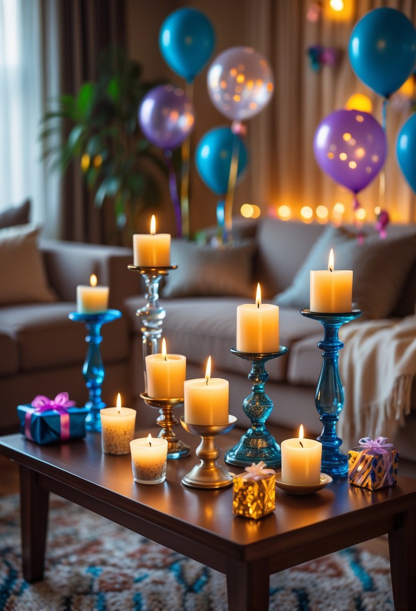 Tabletop candle holders with lit scented candles arranged on a coffee table in a living room decorated for a birthday party.