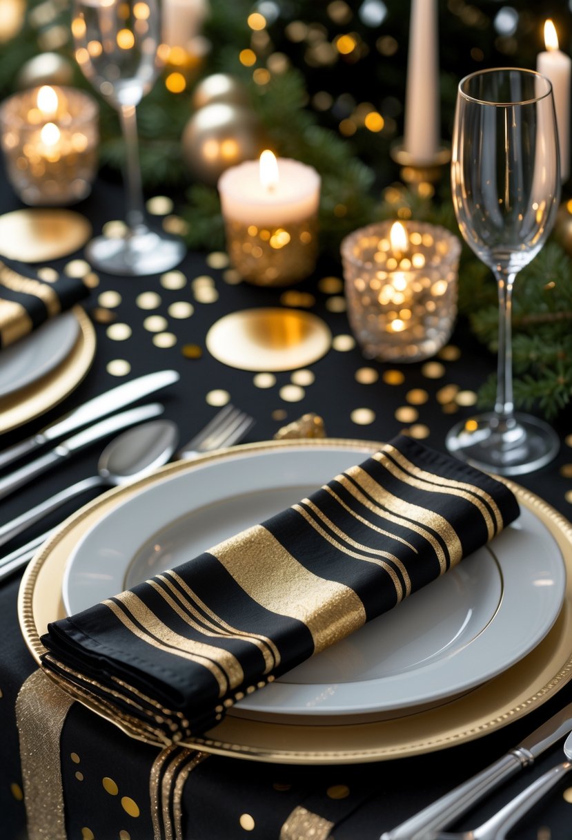A festive table set for a New Year's Eve party with black and gold striped napkins, candles, glassware, and decorative confetti.