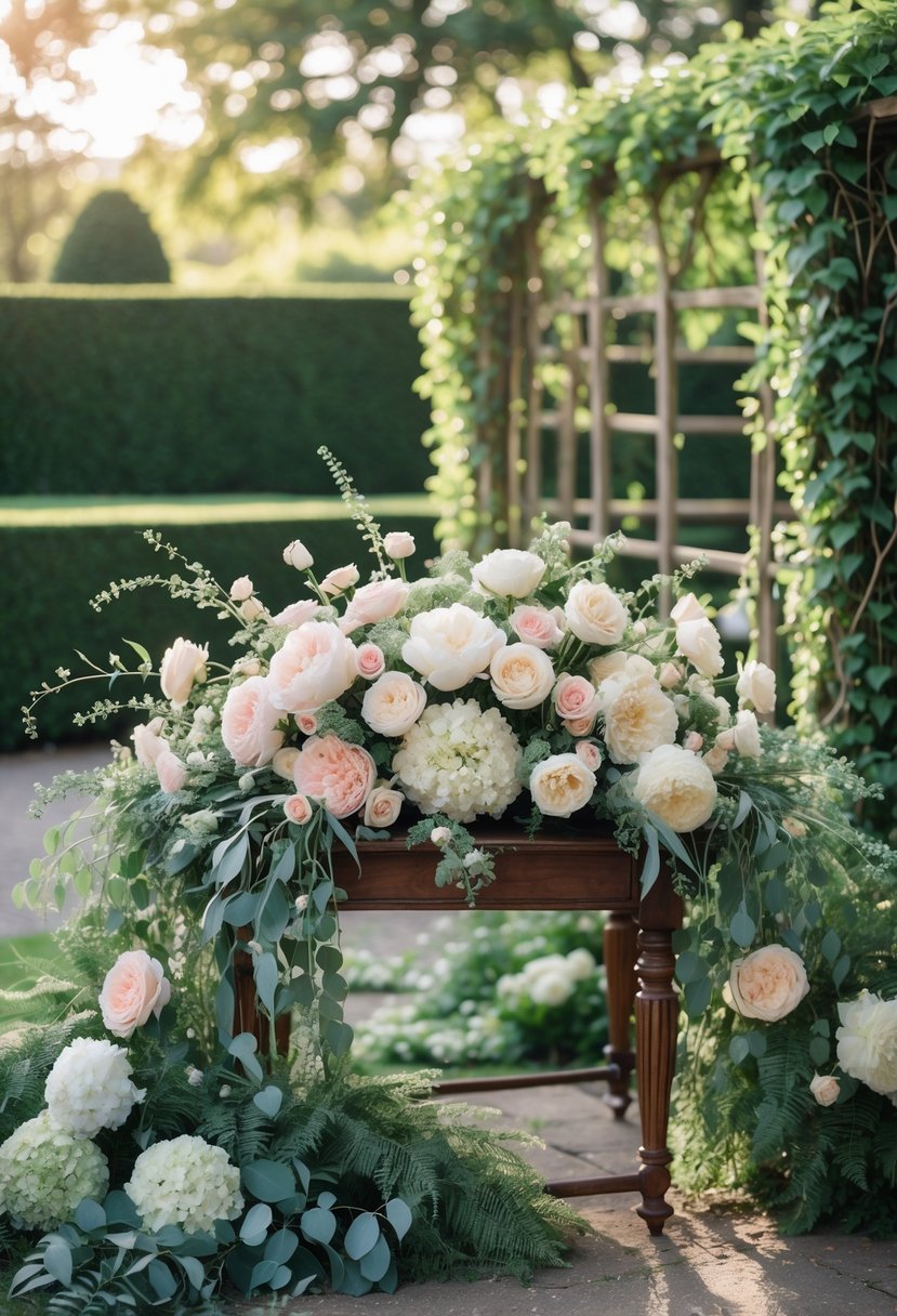 A beautifully arranged floral centerpiece on a wooden table in a garden with greenery and soft sunlight.