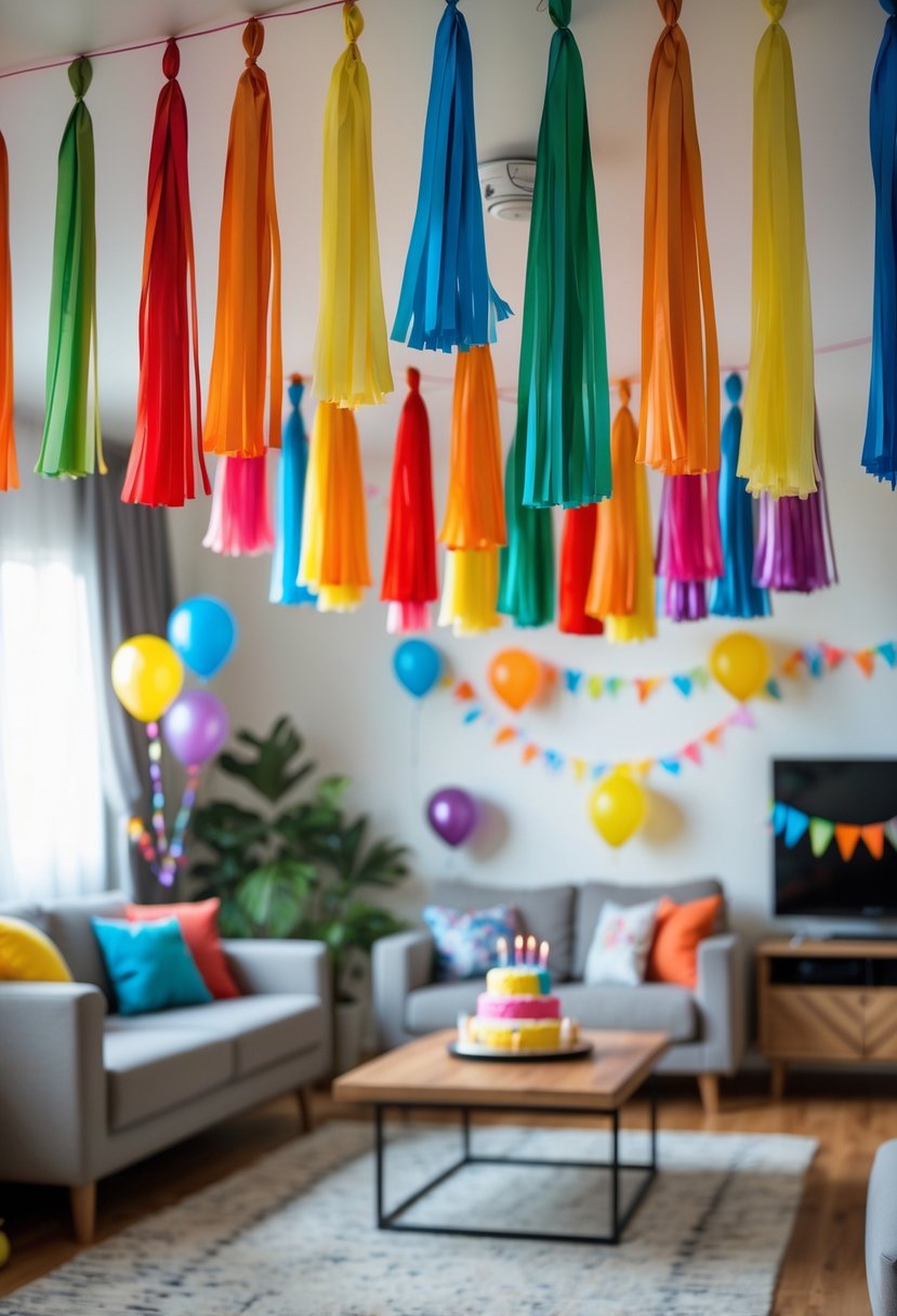 Living room decorated with colorful tassel garlands hanging from the ceiling for a birthday party.