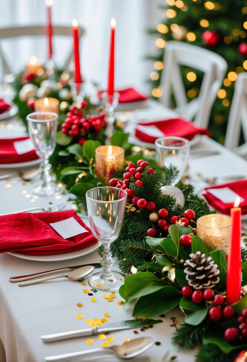 A New Year's Eve table decorated with red and green accents, candles, glassware, and festive greenery.