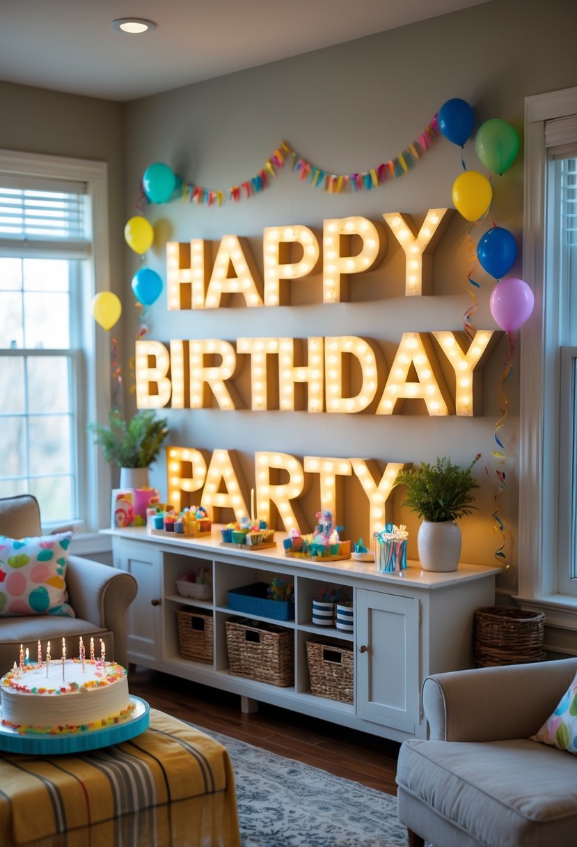 A living room decorated for a birthday party with illuminated marquee letter lights, balloons, streamers, and a table with a birthday cake.