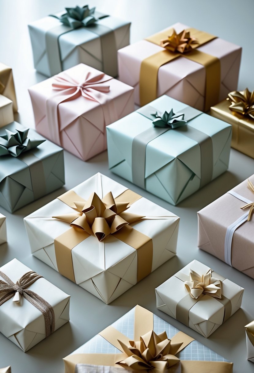 Several gifts wrapped with precise origami folds in different geometric patterns arranged on a smooth surface.