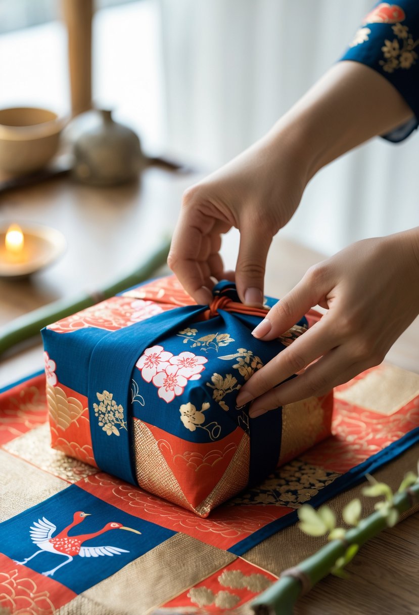 Hands wrapping a colorful Japanese fabric around a gift box on a wooden table.