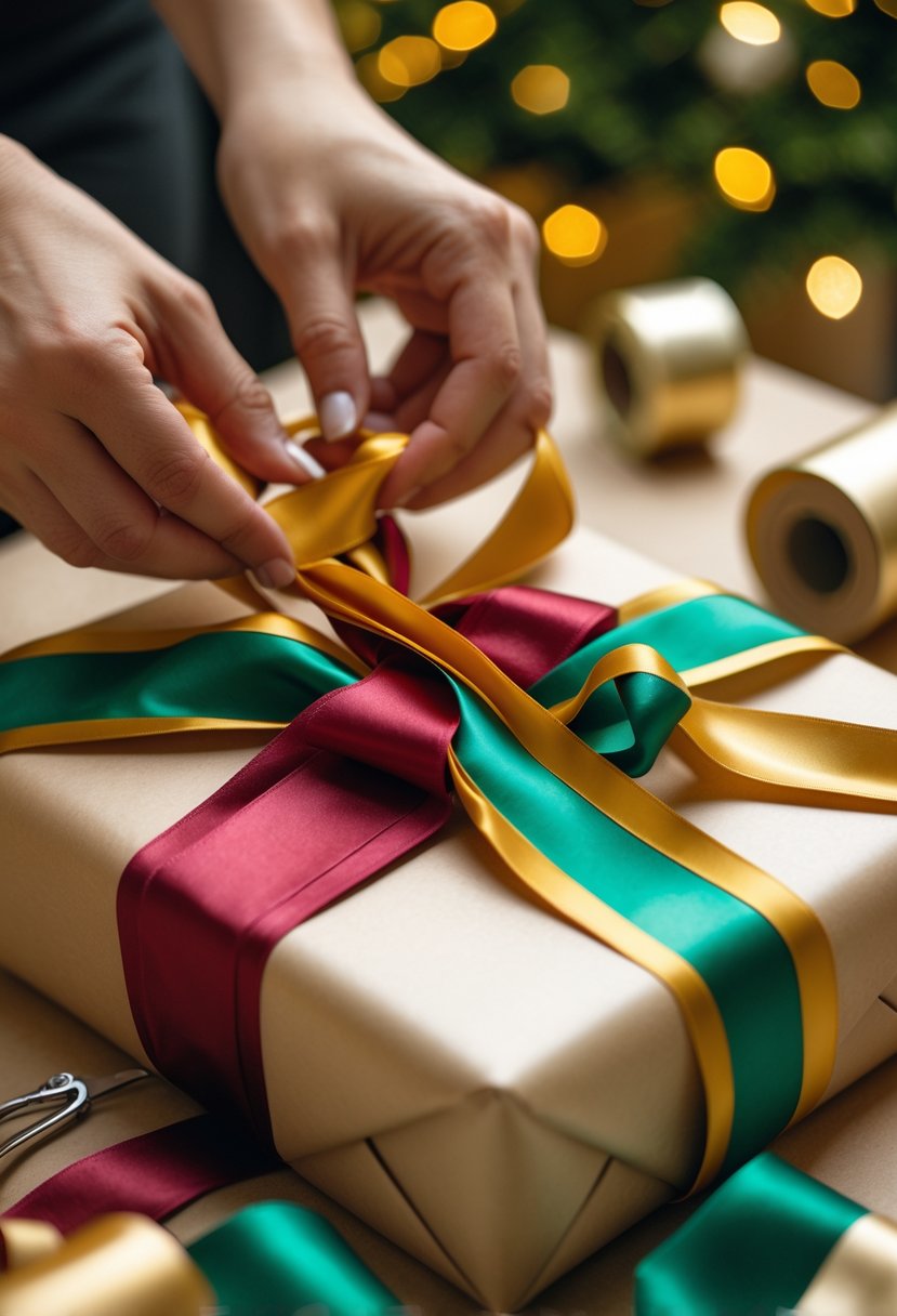 Close-up of hands weaving colorful ribbons over a wrapped gift box with decorative wrapping materials nearby.