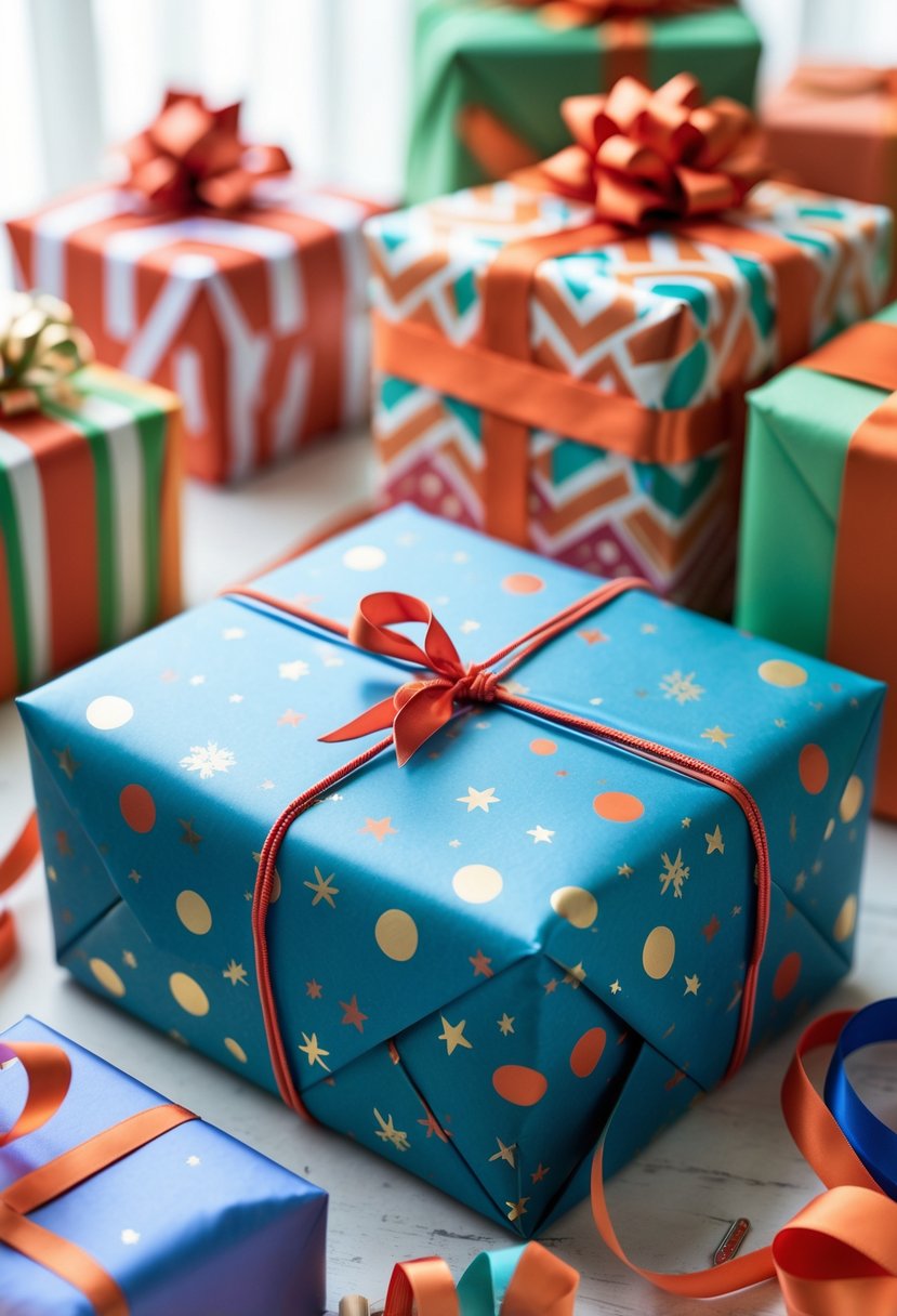 A neatly wrapped gift box with a ripcord ribbon for easy unwrapping, surrounded by other colorful wrapped presents.