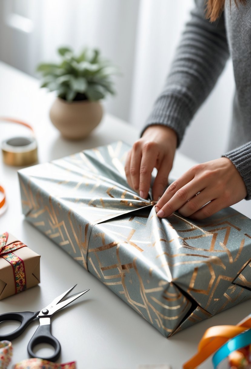 Hands folding wrapping paper into zig-zag pleats around a gift box with scissors, tape, and ribbons nearby.