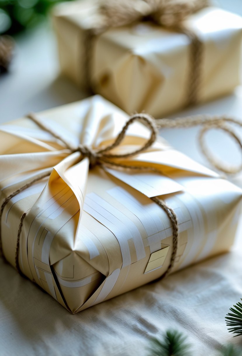 Close-up of a neatly wrapped gift with pocket folds in the wrapping paper to hide small notes.