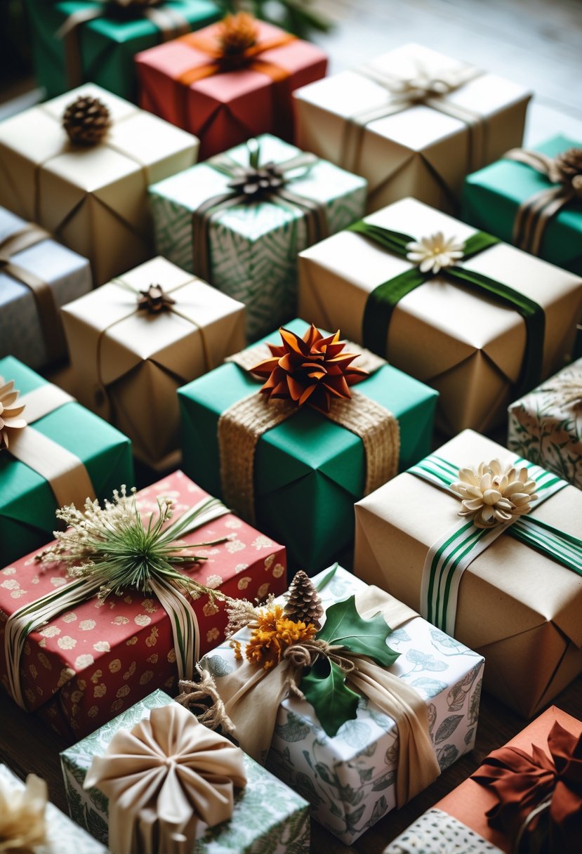 A collection of neatly wrapped gift boxes with layered textures and decorative ribbons arranged on a wooden surface.