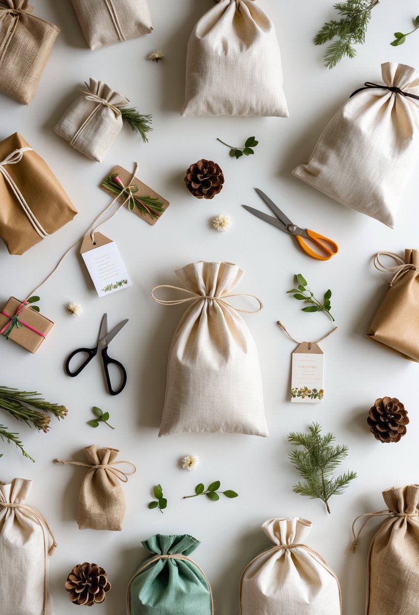 Various reusable fabric gift bags arranged with ribbons, dried flowers, and gift wrapping accessories on a neutral surface.