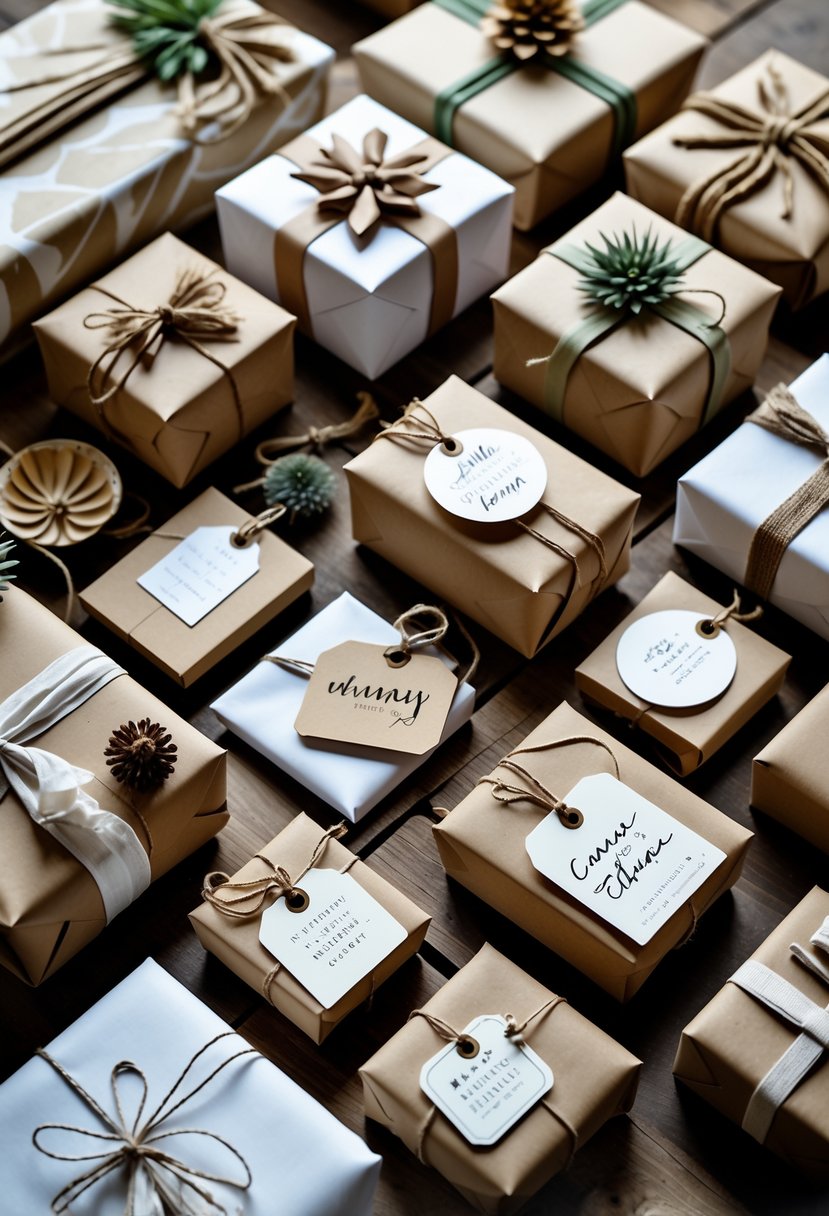 A collection of wrapped gift boxes with various handmade gift tags and decorative wrapping techniques displayed on a wooden surface.