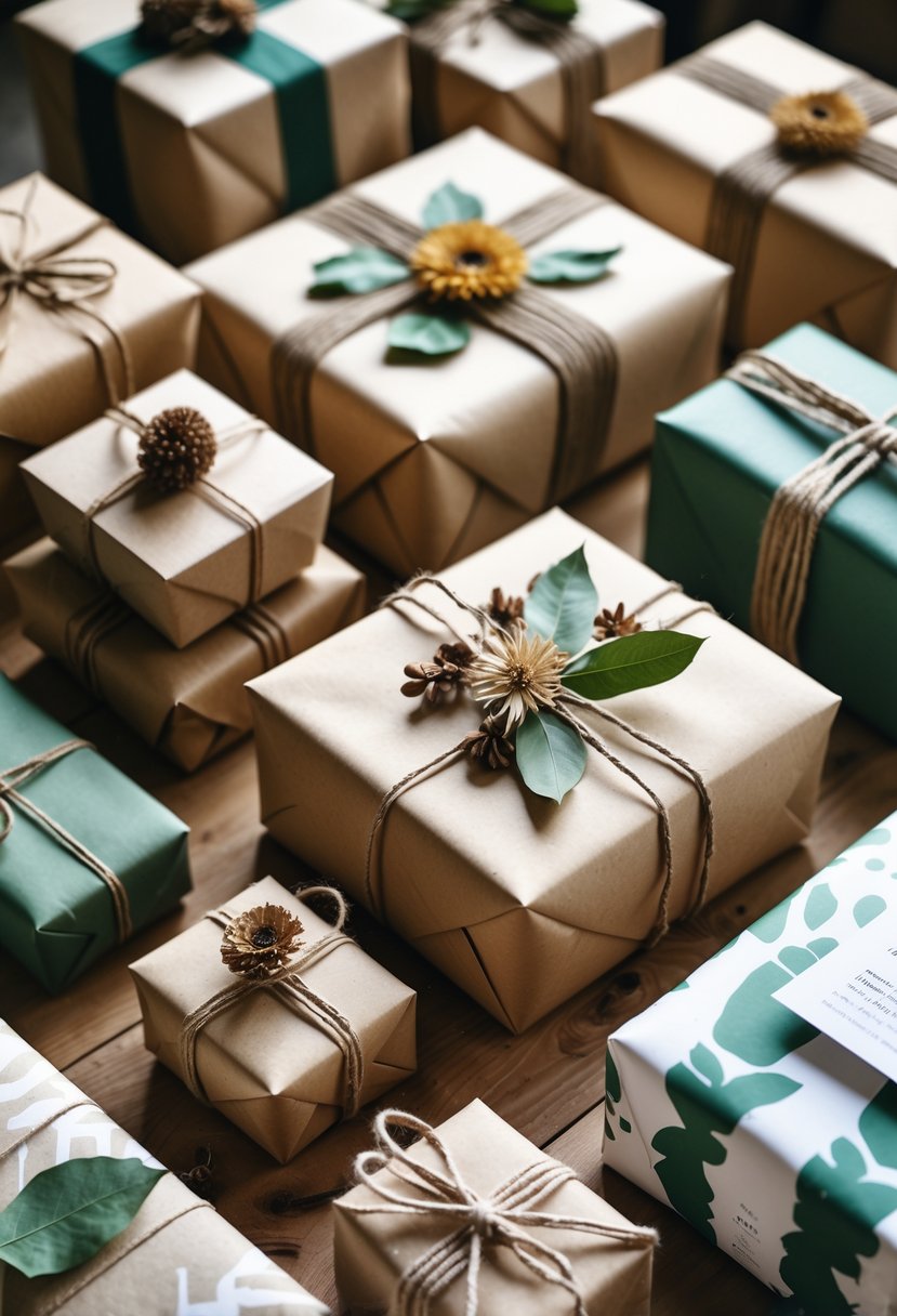 Several gifts wrapped in recycled paper with natural decorations arranged on a wooden table.