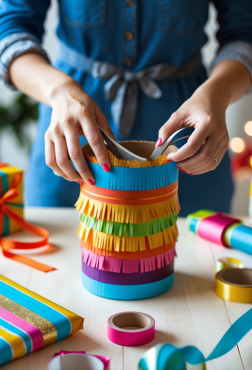 Hands cutting fringes into colorful wrapping paper on a cylindrical gift on a wooden table with wrapping supplies nearby.