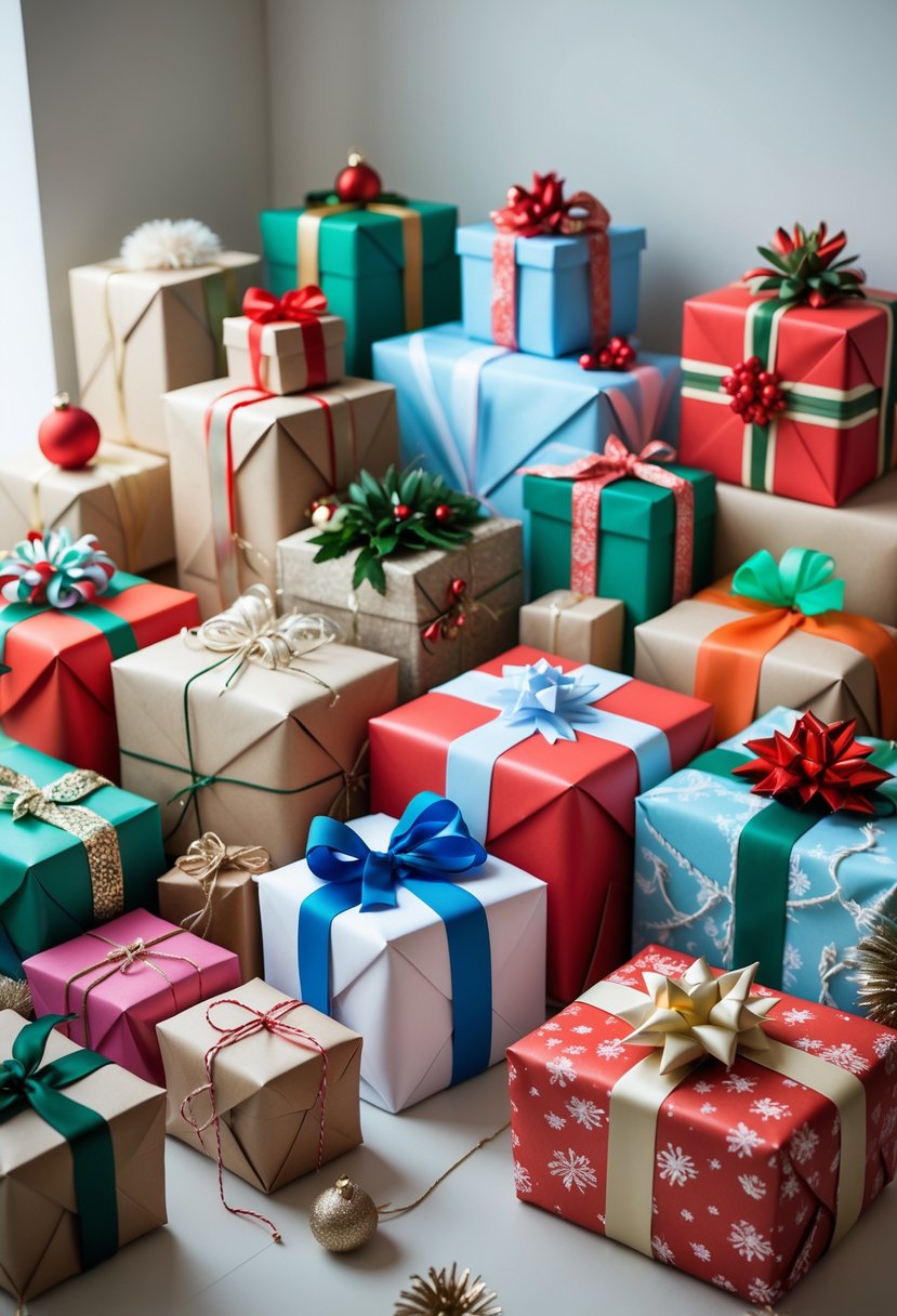 A collection of variously wrapped gift boxes featuring different creative wrapping techniques arranged on a clean surface.