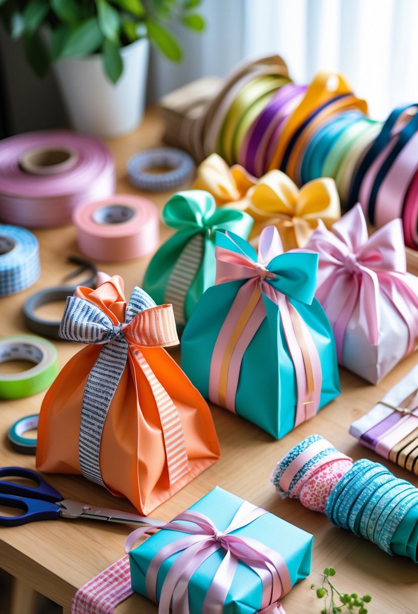 A workspace with handmade gift bags made from colorful ribbons, surrounded by ribbons and crafting tools on a wooden table.