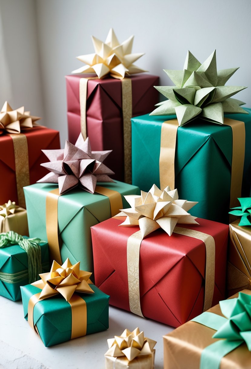 Several neatly wrapped gifts with colorful paper and decorative origami bows arranged on a plain surface.