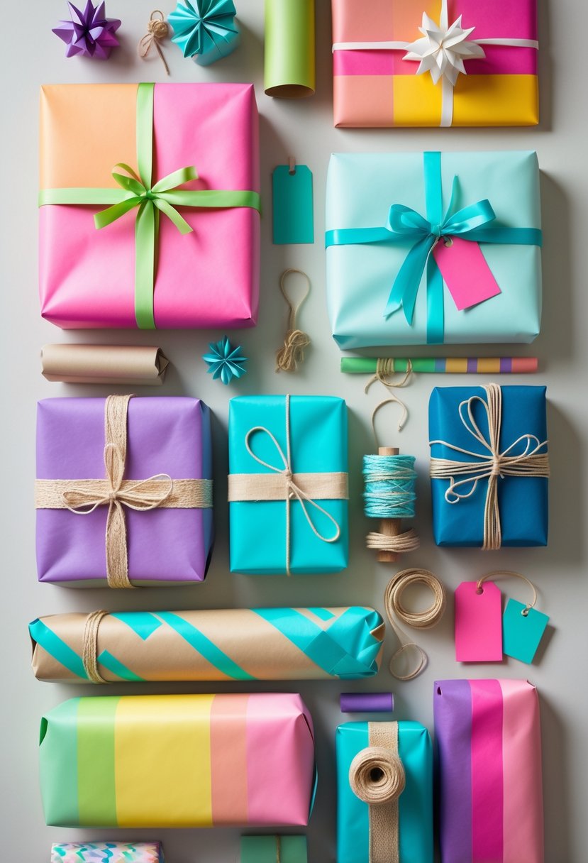 Various wrapped gifts and gift wrapping materials arranged to show layered colors and decorative ribbons on a neutral background.