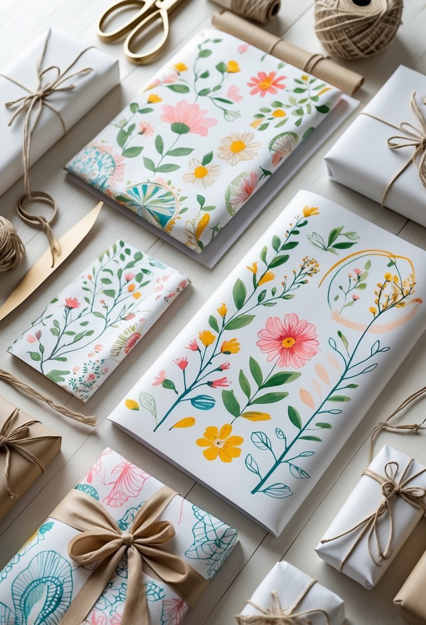 A collection of decorative wrapping papers with colorful patterns and gift wrapping tools arranged on a wooden surface.