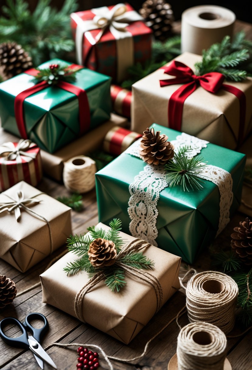 A table with various beautifully wrapped gifts using different materials and ribbons, surrounded by wrapping supplies and festive decorations.