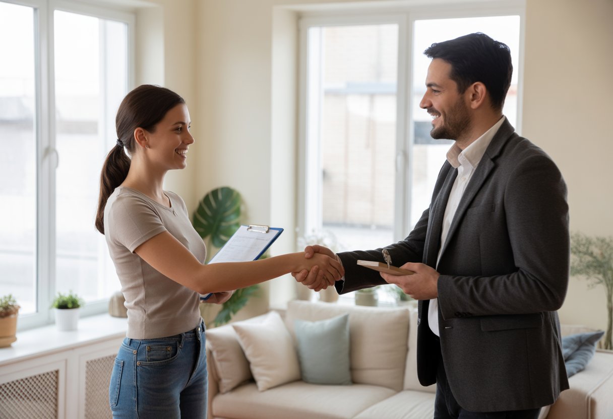 A tenant and landlord shaking hands in a bright living room during a property handover, with the tenant holding a checklist and the landlord holding keys.