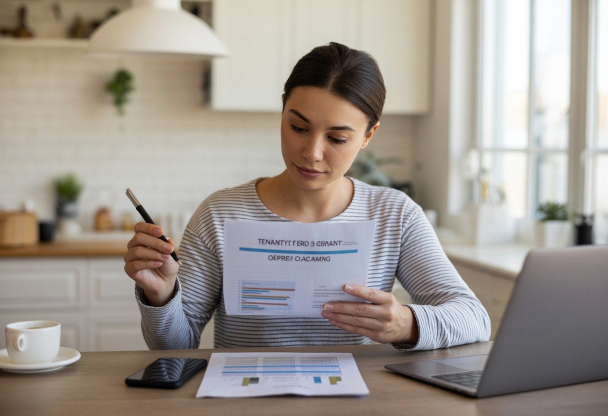 A young tenant sitting at a kitchen table reviewing documents with a pen, a laptop, and a smartphone nearby in a bright rental apartment.