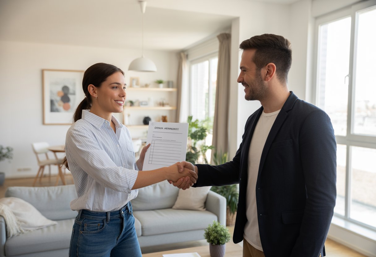 A tenant and landlord shaking hands in a bright, tidy living room, holding a document and smiling.