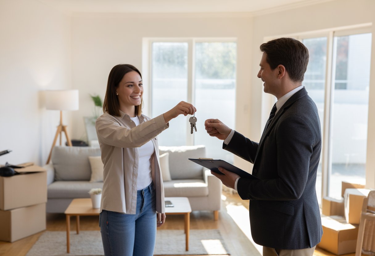 A tenant handing keys to a landlord in a clean, tidy living room during an end of tenancy inspection.