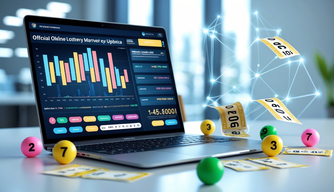 Seorang pengguna bekerja di depan laptop dengan tampilan angka lotere yang diperbarui secara real-time dan bola lotere berwarna-warni di meja.