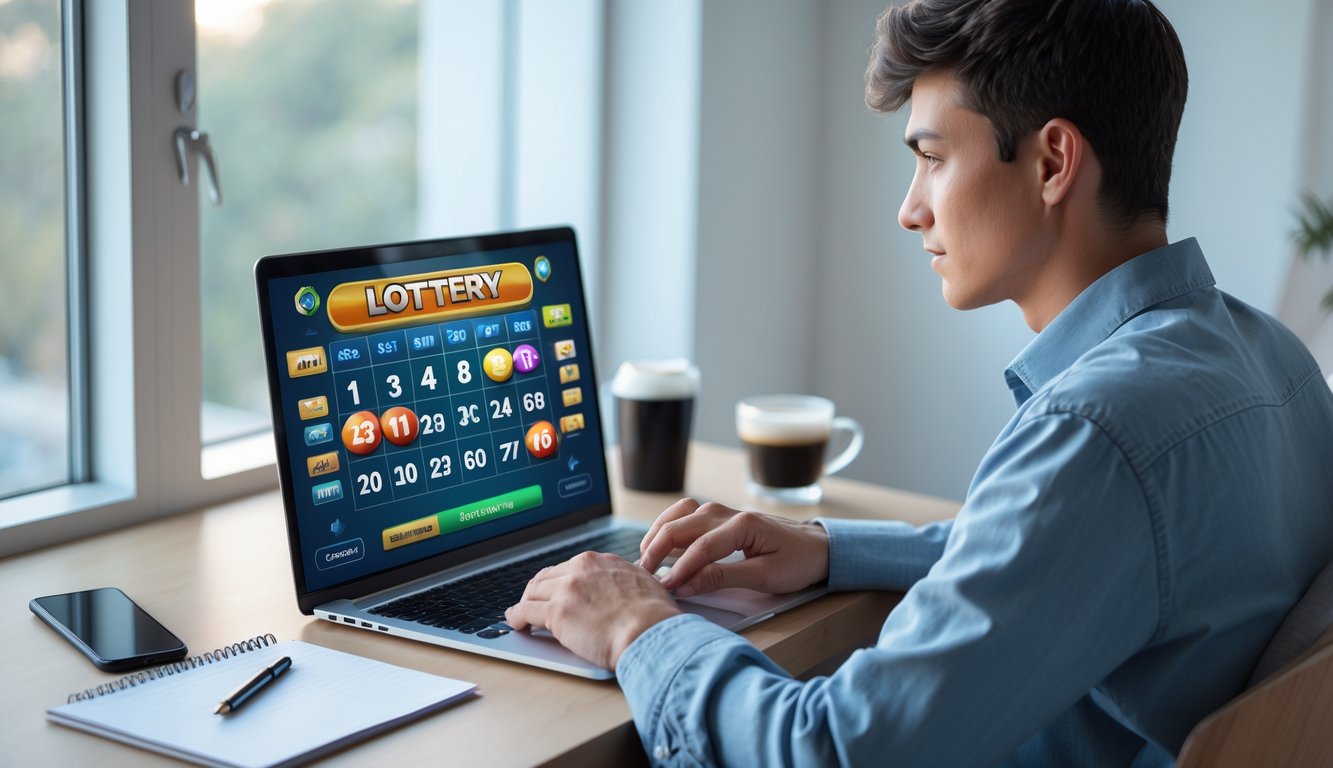 Seorang dewasa muda duduk di depan laptop di meja modern, fokus pada layar yang menampilkan permainan angka, dengan ponsel dan secangkir kopi di sampingnya.