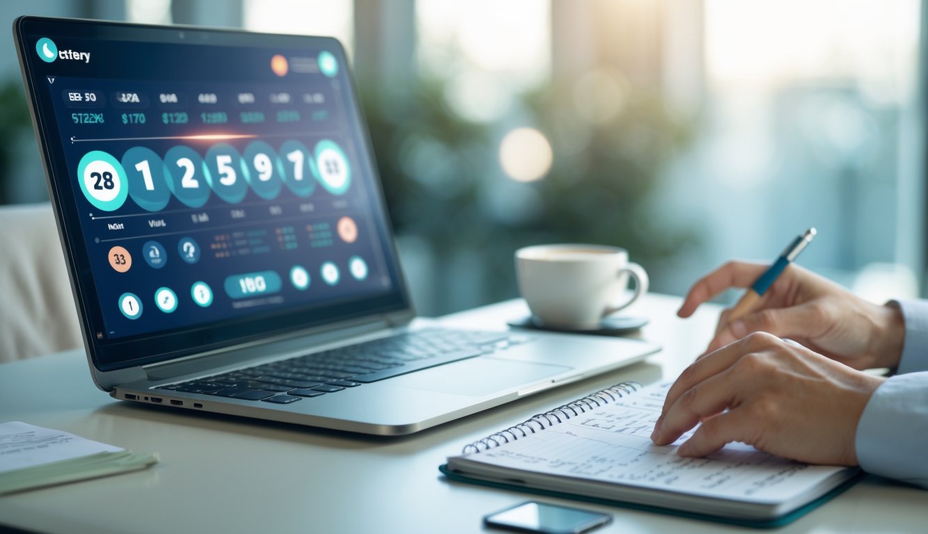 Meja kerja modern dengan laptop dan tablet yang menampilkan data togel online, tangan seseorang sedang menganalisis informasi, dengan cangkir kopi dan buku catatan di atas meja.