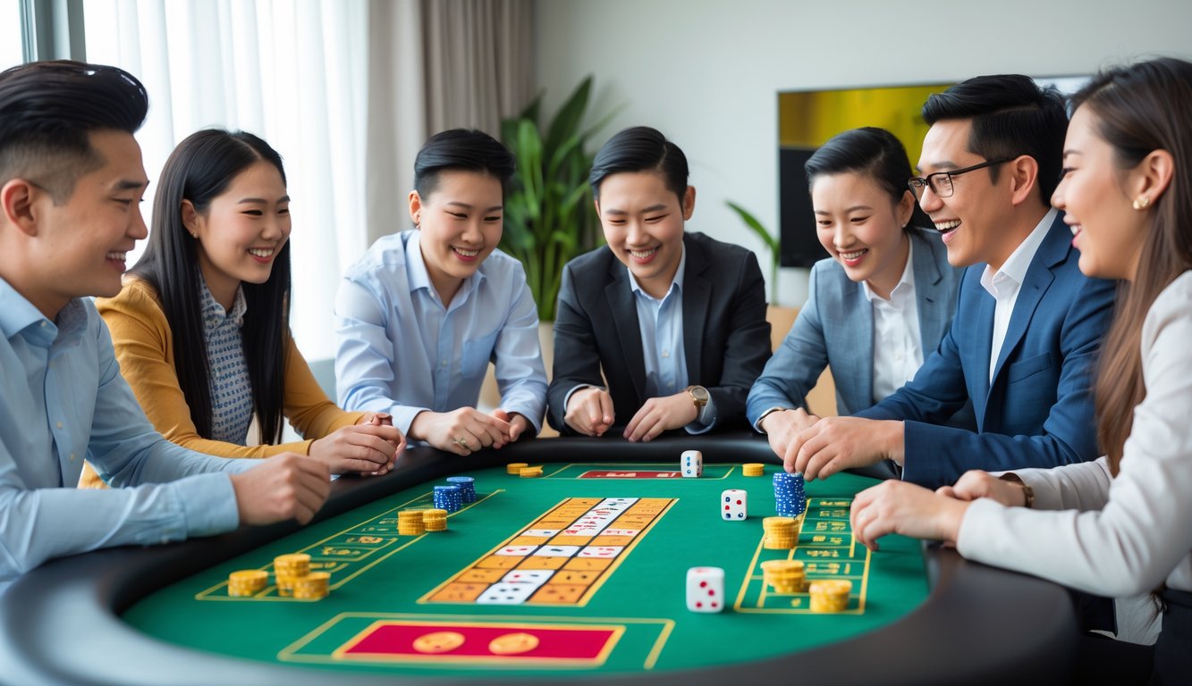 Sekelompok orang bermain permainan Sicbo di meja dengan dadu dan chip taruhan.