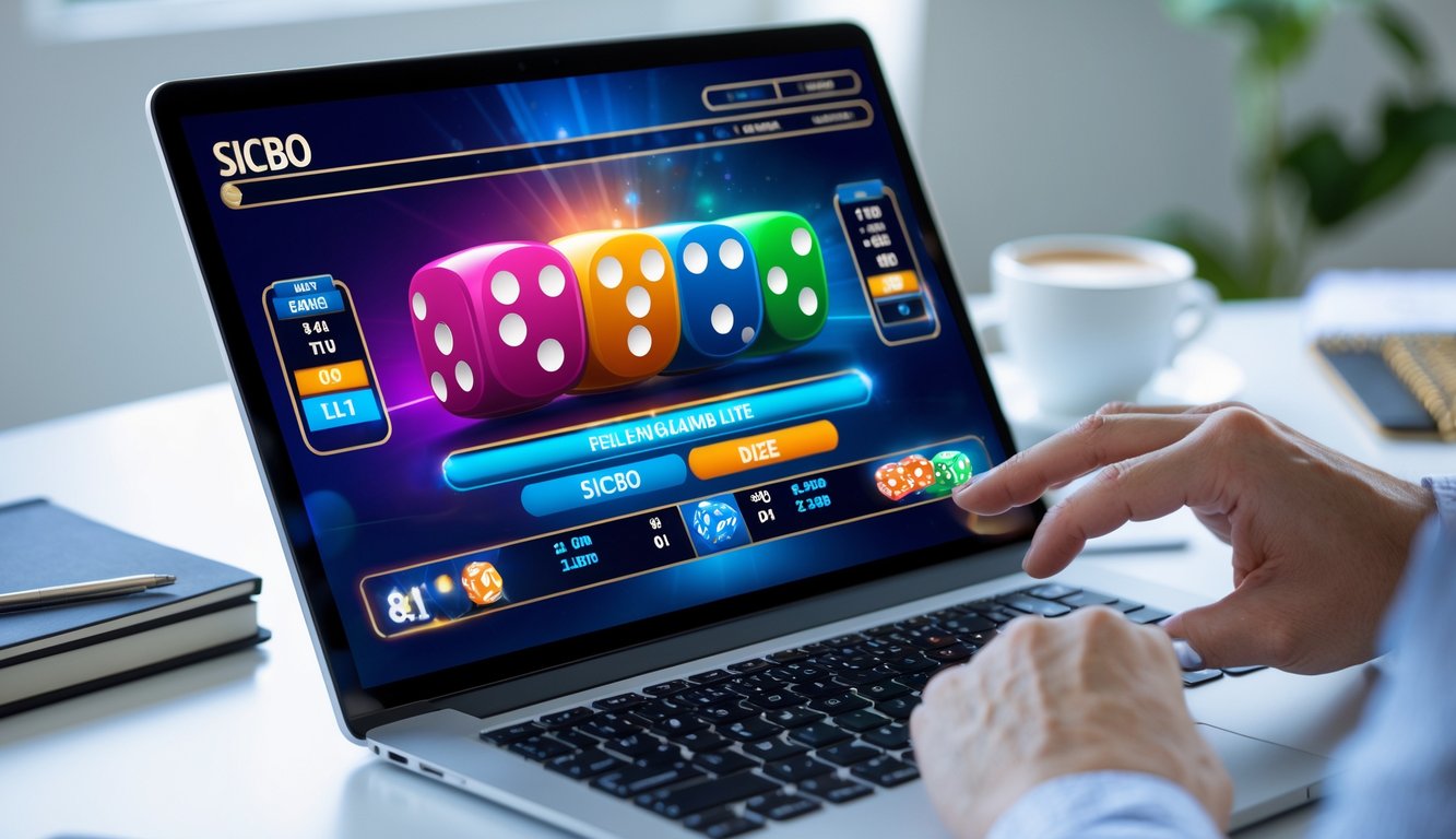 Seseorang menggunakan komputer untuk bermain permainan Sicbo online dengan tampilan dadu dan opsi taruhan di layar.