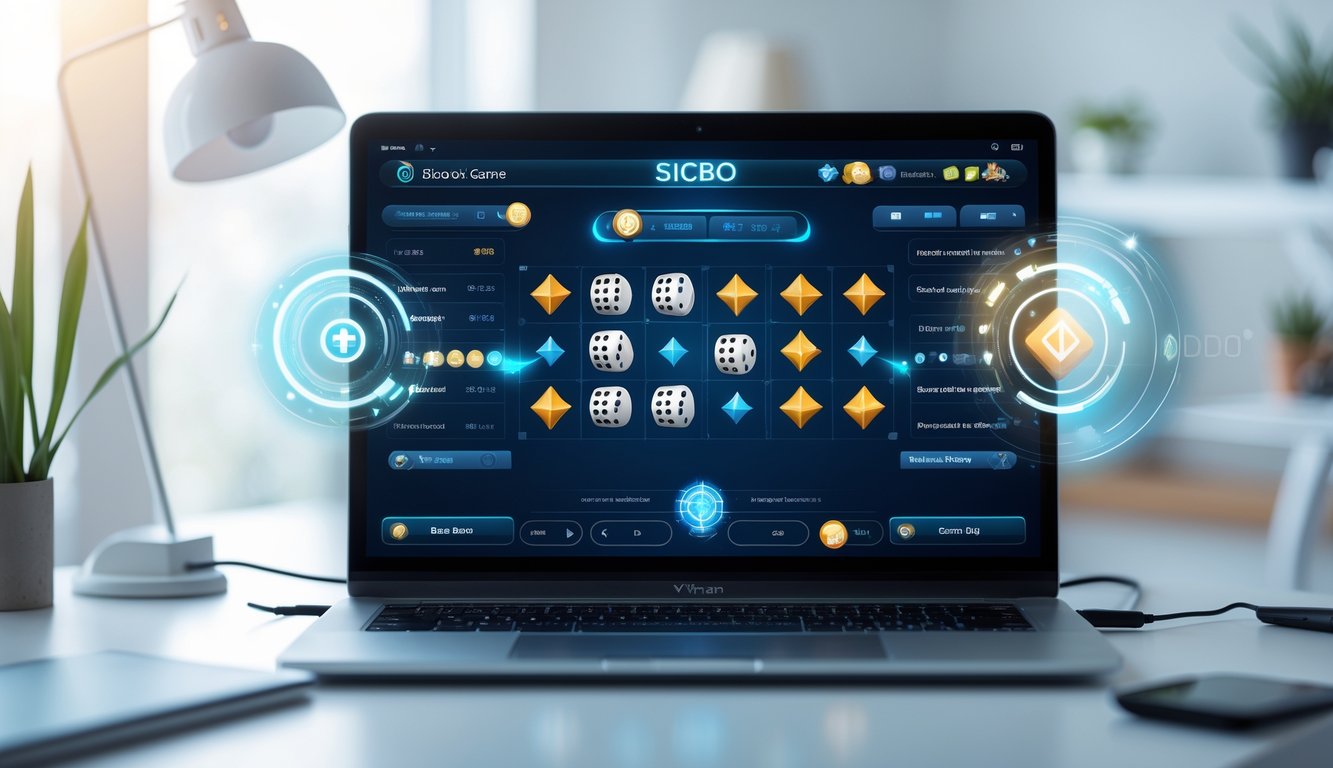 Sebuah laptop di meja kerja modern menampilkan permainan Sicbo online dengan tampilan antarmuka permainan dadu yang jelas dan fitur lengkap.