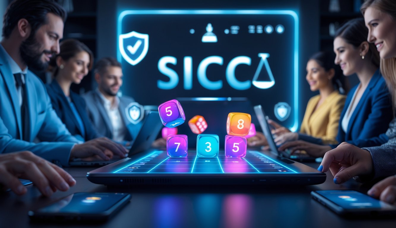 Sejumlah orang bermain permainan dadu Sicbo secara online dengan perangkat digital di ruangan modern yang aman dan terpercaya.