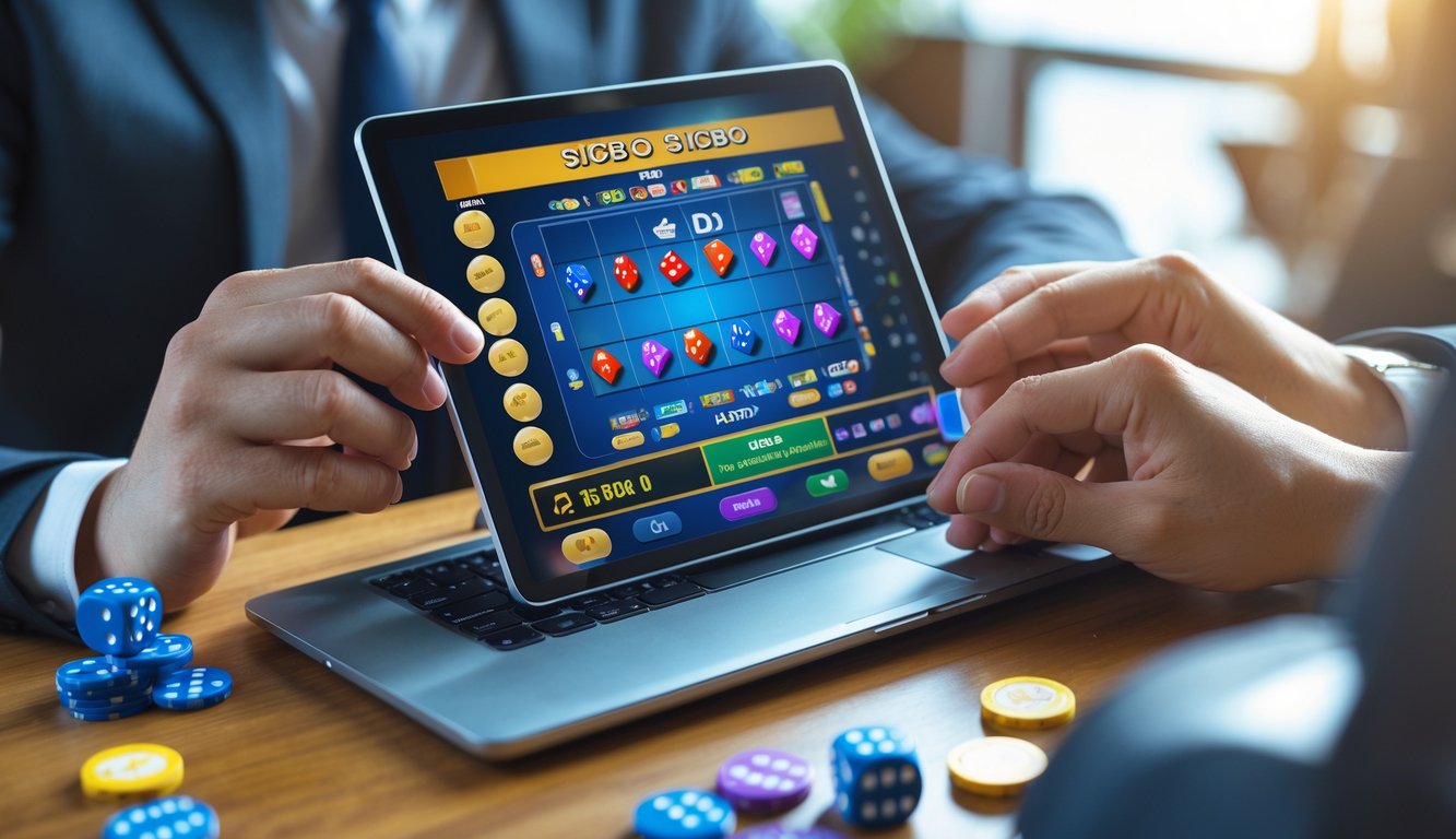 Tangan seseorang sedang bermain taruhan Sicbo online menggunakan laptop dengan dadu dan chip taruhan di meja kayu.