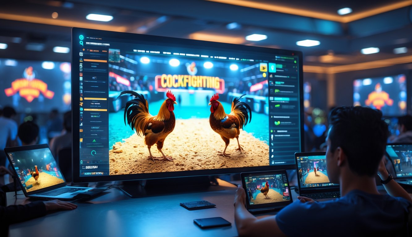Suasana pertandingan sabung ayam online modern dengan arena langsung dan orang-orang menonton melalui perangkat digital.