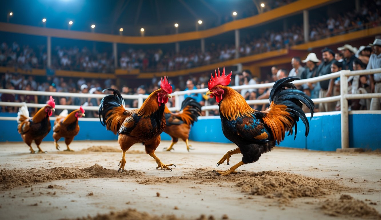 Arena sabung ayam yang ramai dengan penonton menonton pertarungan ayam jantan yang sedang bertarung.