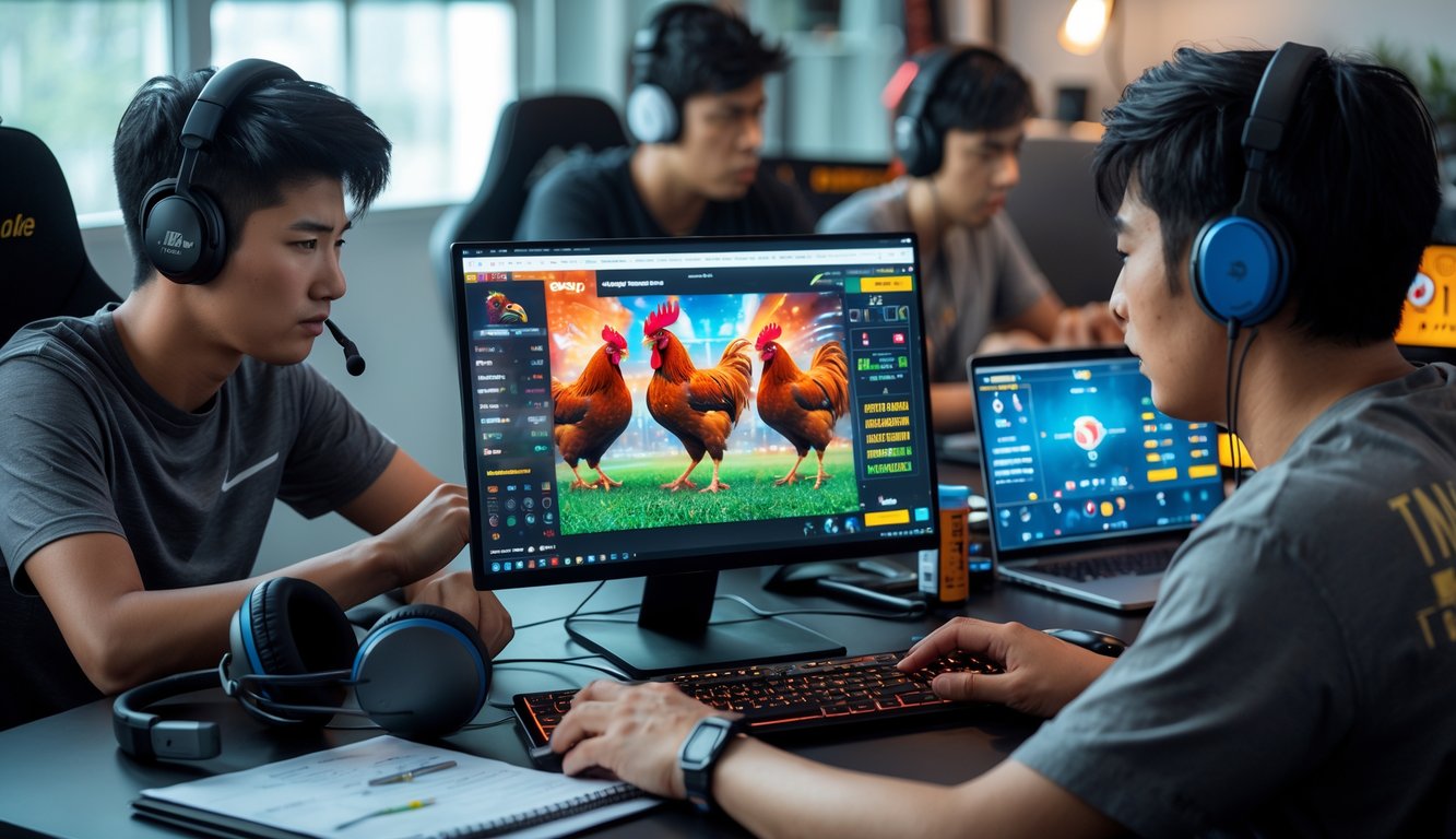 Beberapa orang sedang bermain permainan sabung ayam online di depan laptop di sebuah ruang kerja modern.