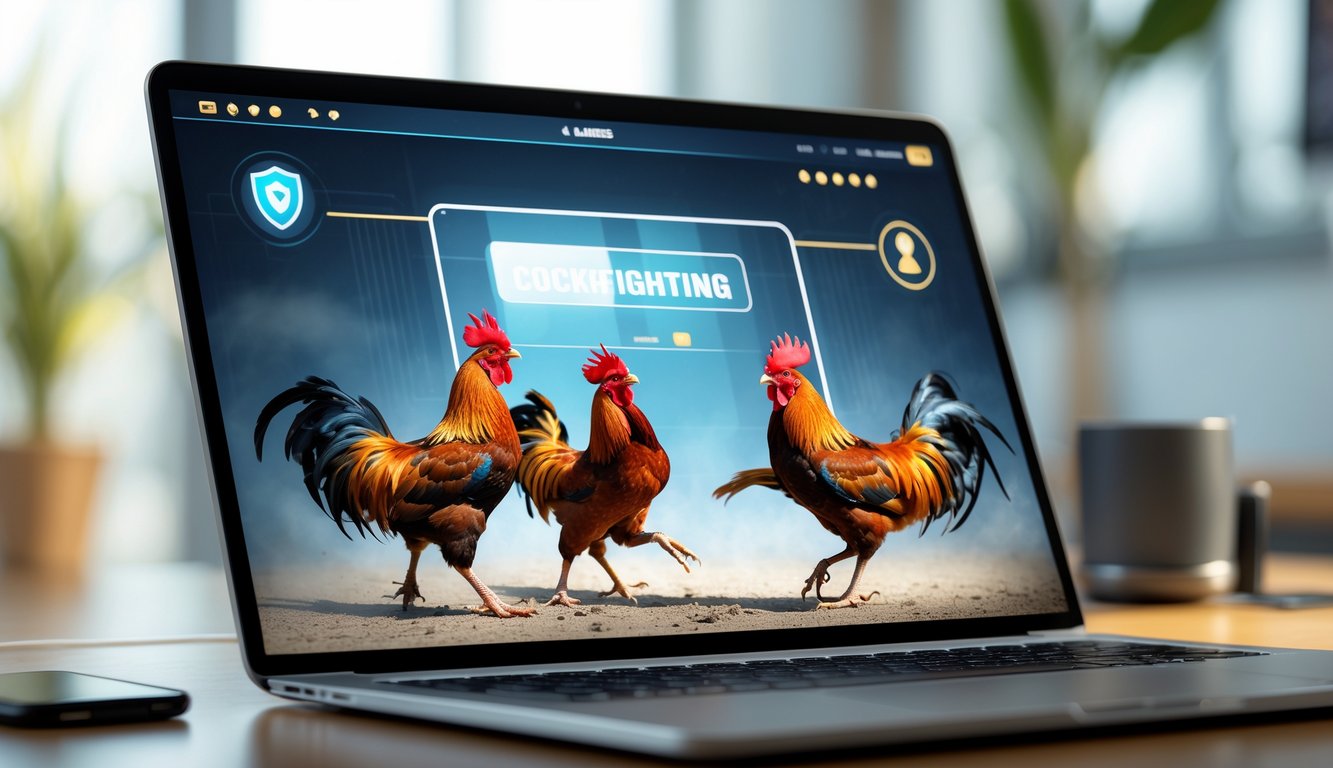 Layar perangkat menampilkan pertandingan sabung ayam online dengan latar ruang kerja yang rapi dan pencahayaan terang.
