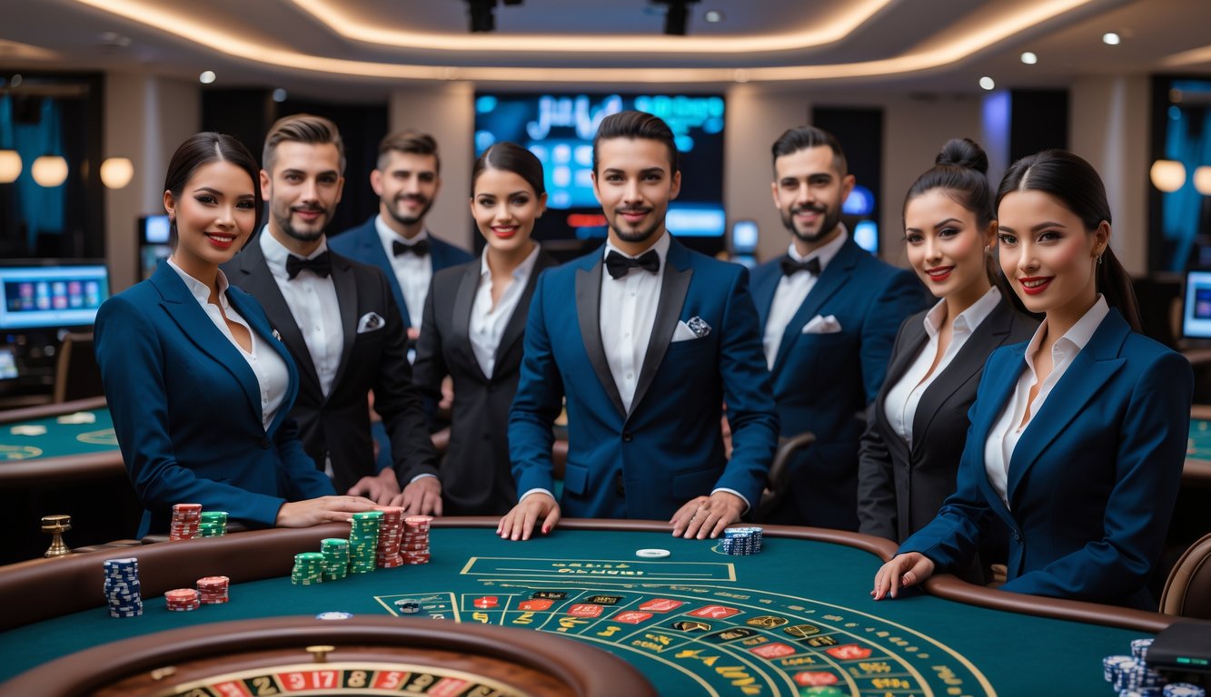 Seorang dealer kasino profesional di studio kasino online dengan meja permainan dan peralatan teknologi di sekitarnya.