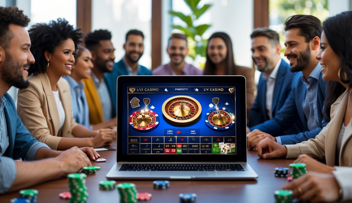 Orang-orang dari berbagai usia dan latar belakang bermain permainan kasino online di depan komputer di lingkungan rumah atau kantor yang terang dan rapi.