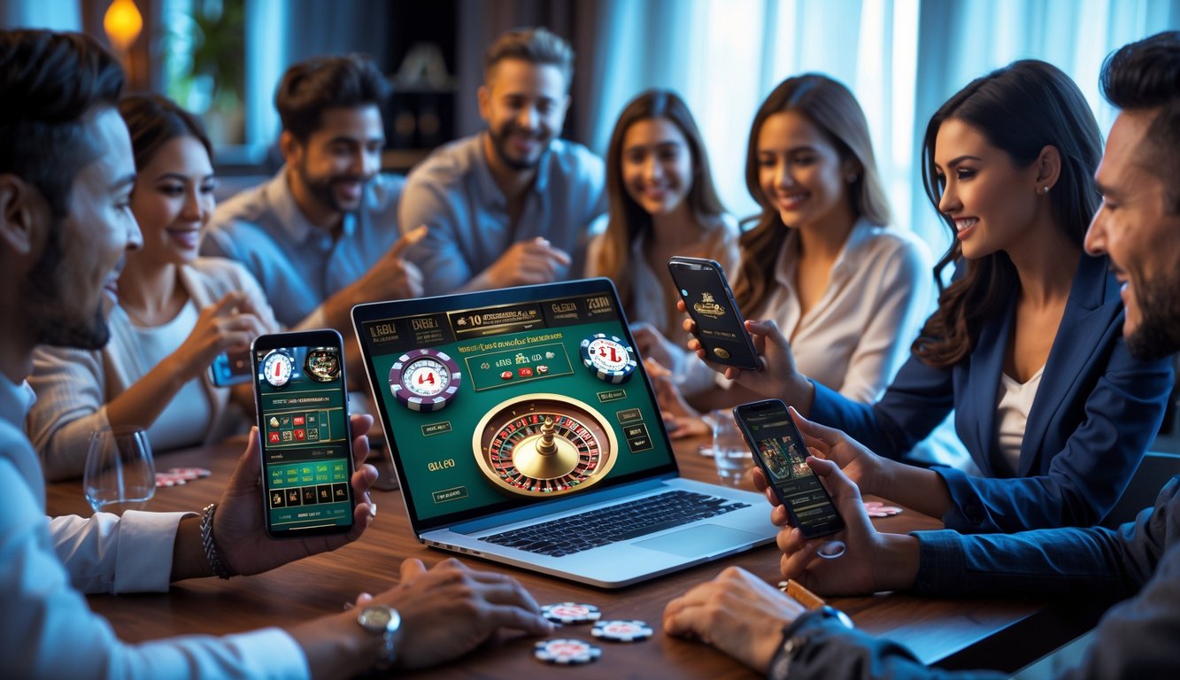 Beberapa orang bermain permainan kasino langsung secara online menggunakan laptop dan ponsel di lingkungan rumah yang nyaman.
