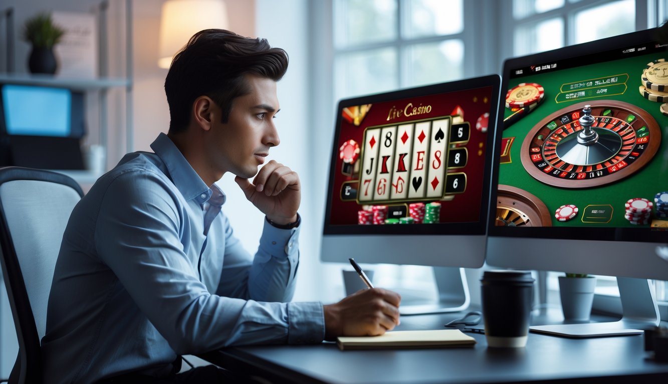 Seorang pria muda sedang duduk di depan komputer dengan beberapa layar yang menampilkan permainan kasino langsung, sambil mencatat strategi bermain.