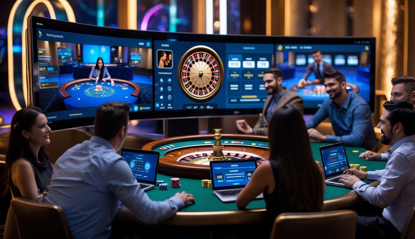 Suasana kasino online dengan dealer langsung dan pemain yang berinteraksi menggunakan perangkat digital.