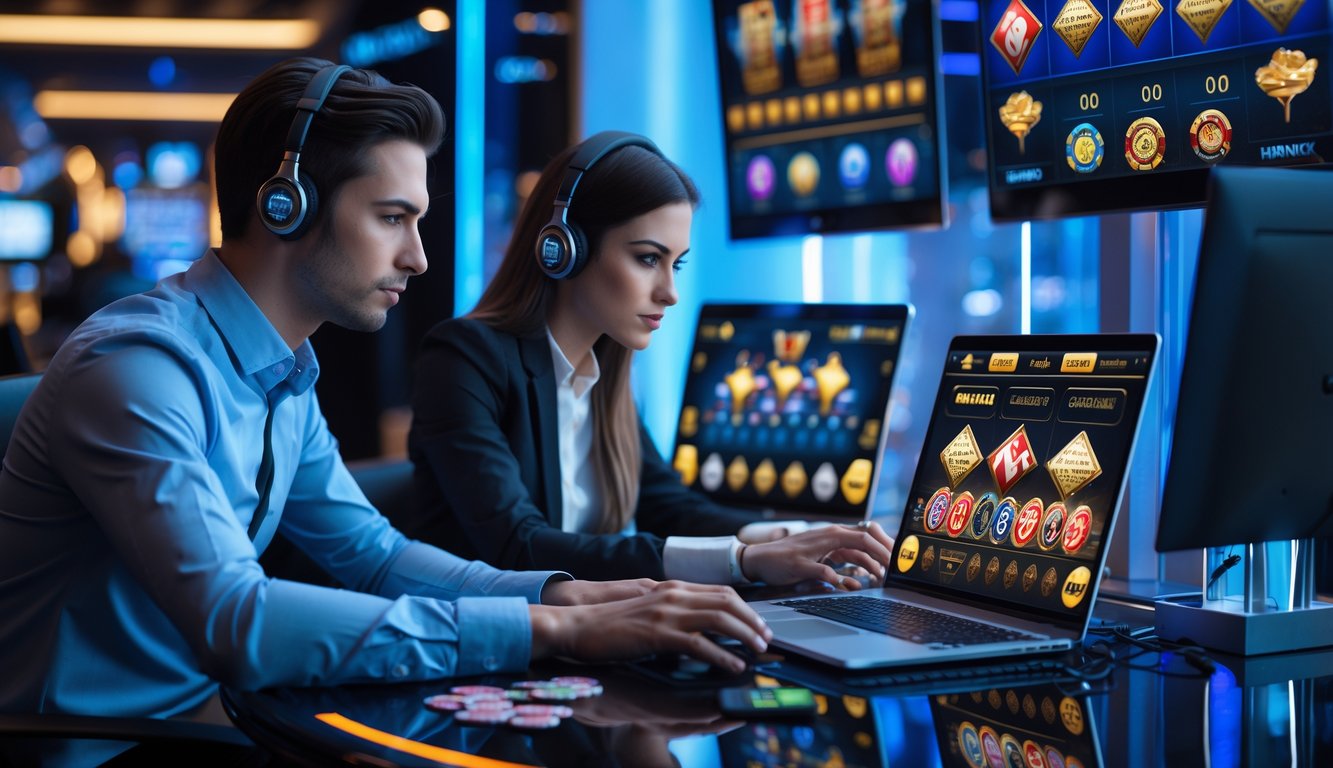 Dua pemain profesional fokus bermain permainan kasino online langsung dengan laptop dan tablet di meja modern.