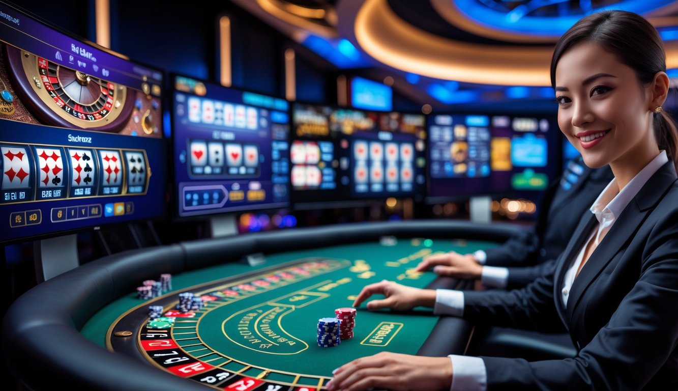 Seorang dealer kasino profesional di studio streaming dengan layar menampilkan permainan kasino langsung dan peralatan streaming yang stabil.