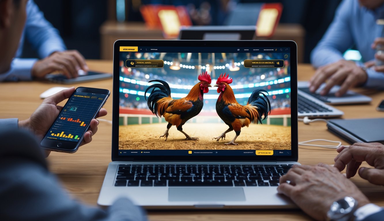 Layar perangkat digital menampilkan pertarungan ayam jago sedang berlangsung di arena dengan dua ayam berhadapan, dikelilingi oleh orang yang menggunakan ponsel dan laptop.