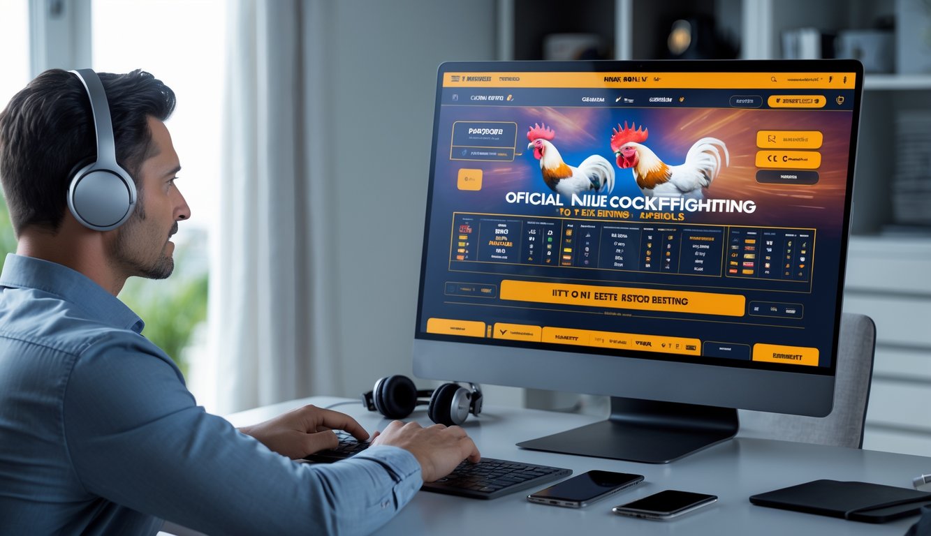 Seorang pria dewasa menggunakan laptop untuk bertaruh pada pertandingan sabung ayam secara online di ruangan yang rapi dan terang.